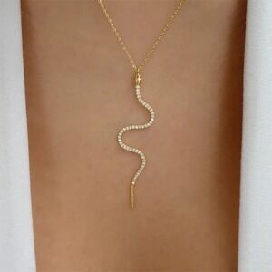 Boho Festival Serpent Snake Pendant Necklace Chain Gold Tone Clear Stone A0118